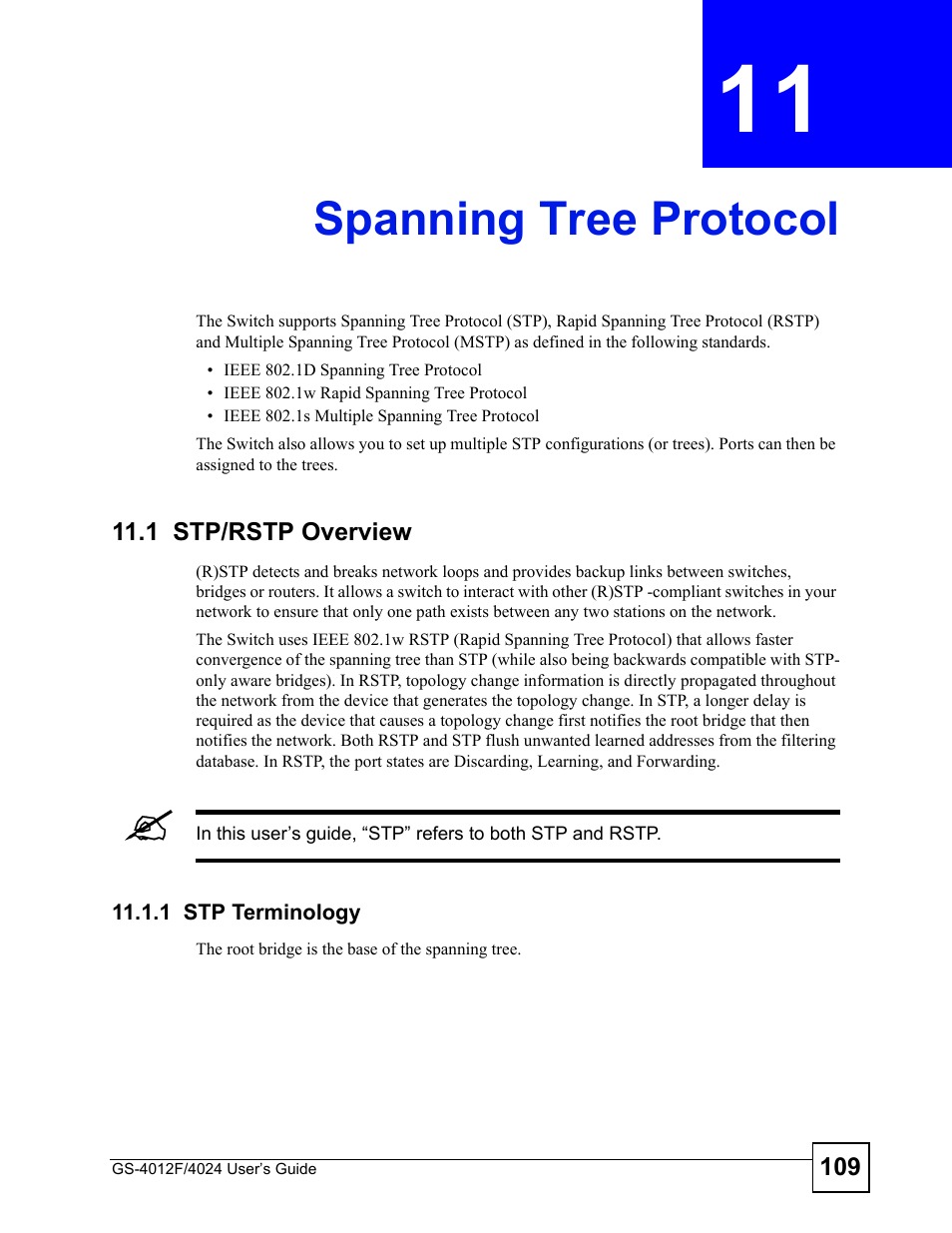 Spanning tree protocol, 1 stp/rstp overview, 1 stp terminology | Chapter 11 spanning tree protocol, Spanning tree protocol (109) | ZyXEL Communications GS-4012 User Manual | Page 109 / 462