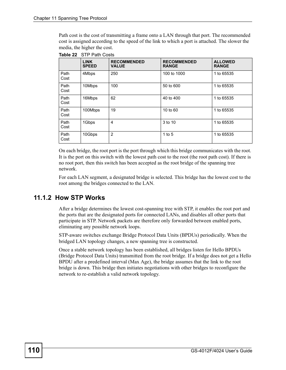 2 how stp works, Table 22 stp path costs | ZyXEL Communications GS-4012 User Manual | Page 110 / 462