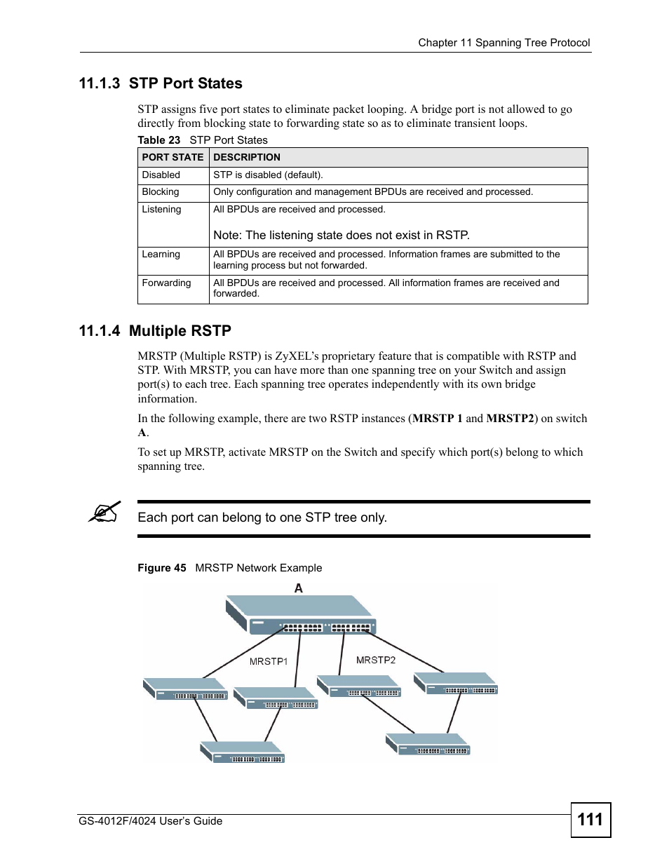 3 stp port states, 4 multiple rstp, 3 stp port states 11.1.4 multiple rstp | Figure 45 mrstp network example, Table 23 stp port states | ZyXEL Communications GS-4012 User Manual | Page 111 / 462