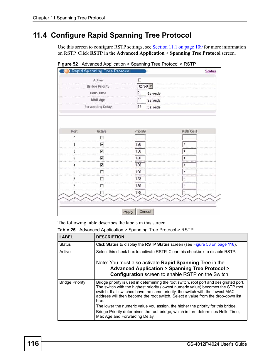 4 configure rapid spanning tree protocol | ZyXEL Communications GS-4012 User Manual | Page 116 / 462