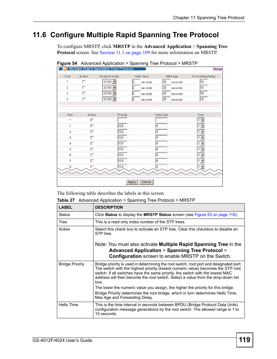 6 configure multiple rapid spanning tree protocol | ZyXEL Communications GS-4012 User Manual | Page 119 / 462