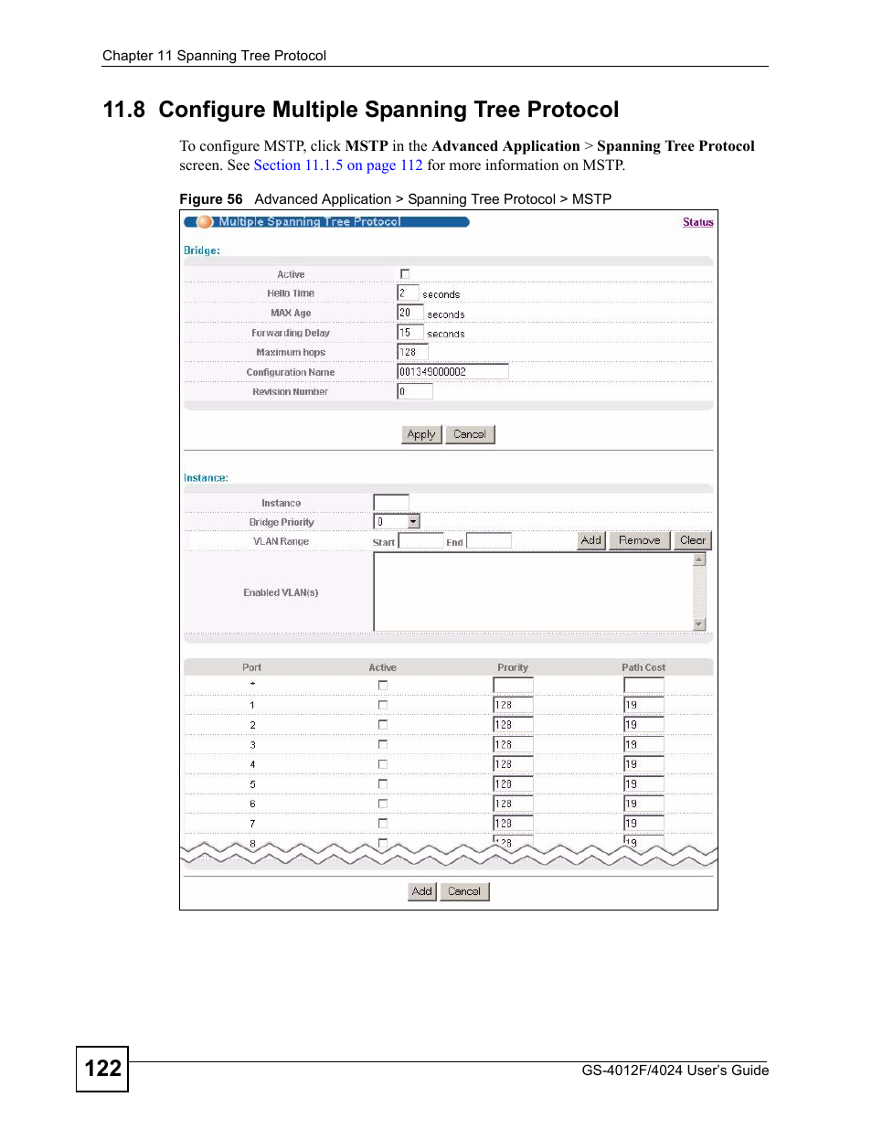 8 configure multiple spanning tree protocol | ZyXEL Communications GS-4012 User Manual | Page 122 / 462