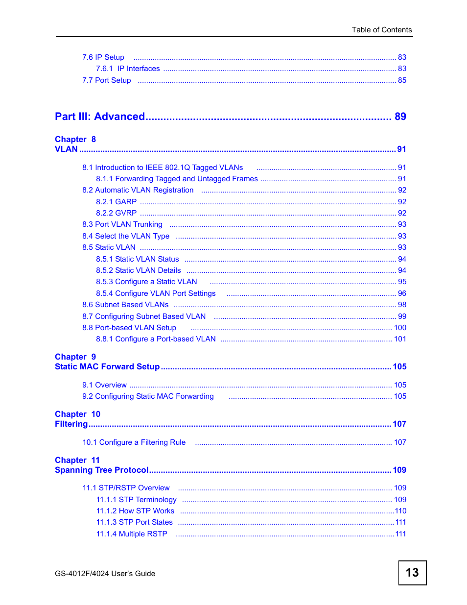 Part iii: advanced | ZyXEL Communications GS-4012 User Manual | Page 13 / 462
