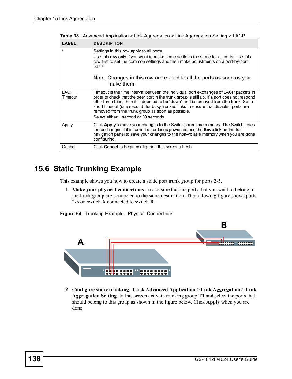 6 static trunking example, Figure 64 trunking example - physical connections | ZyXEL Communications GS-4012 User Manual | Page 138 / 462