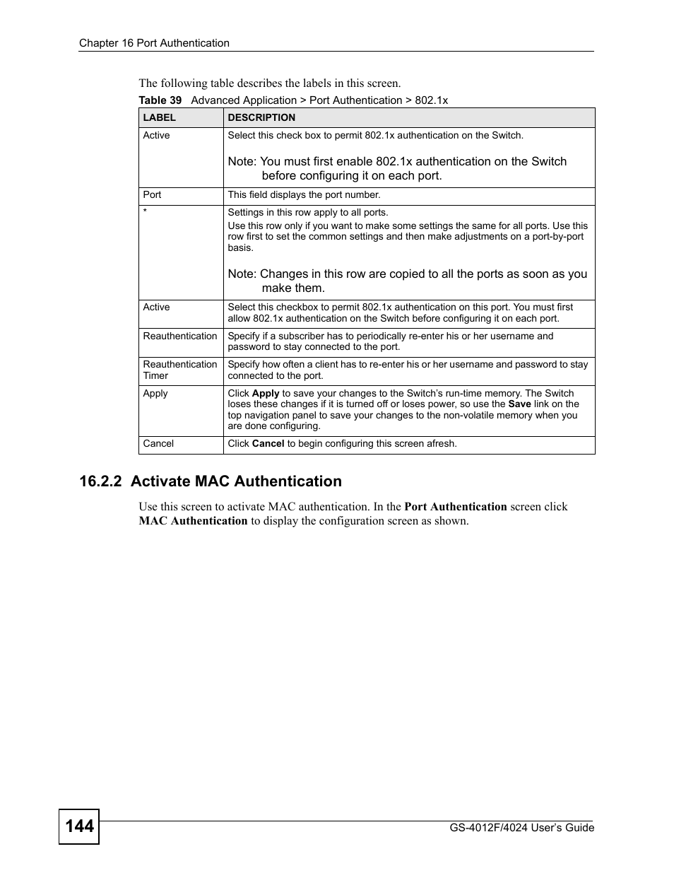 2 activate mac authentication | ZyXEL Communications GS-4012 User Manual | Page 144 / 462