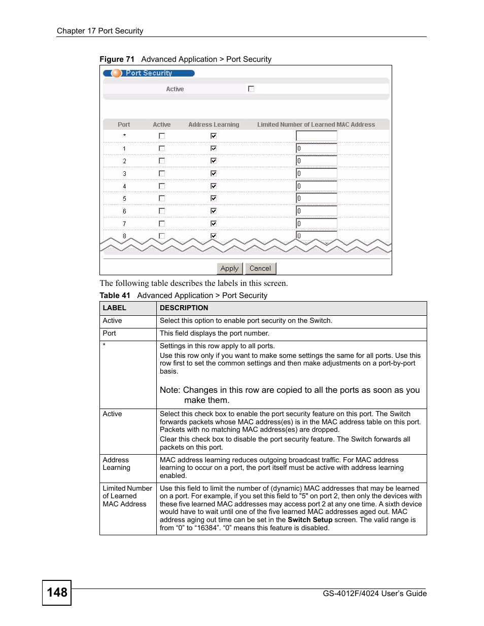 Figure 71 advanced application > port security, Table 41 advanced application > port security | ZyXEL Communications GS-4012 User Manual | Page 148 / 462