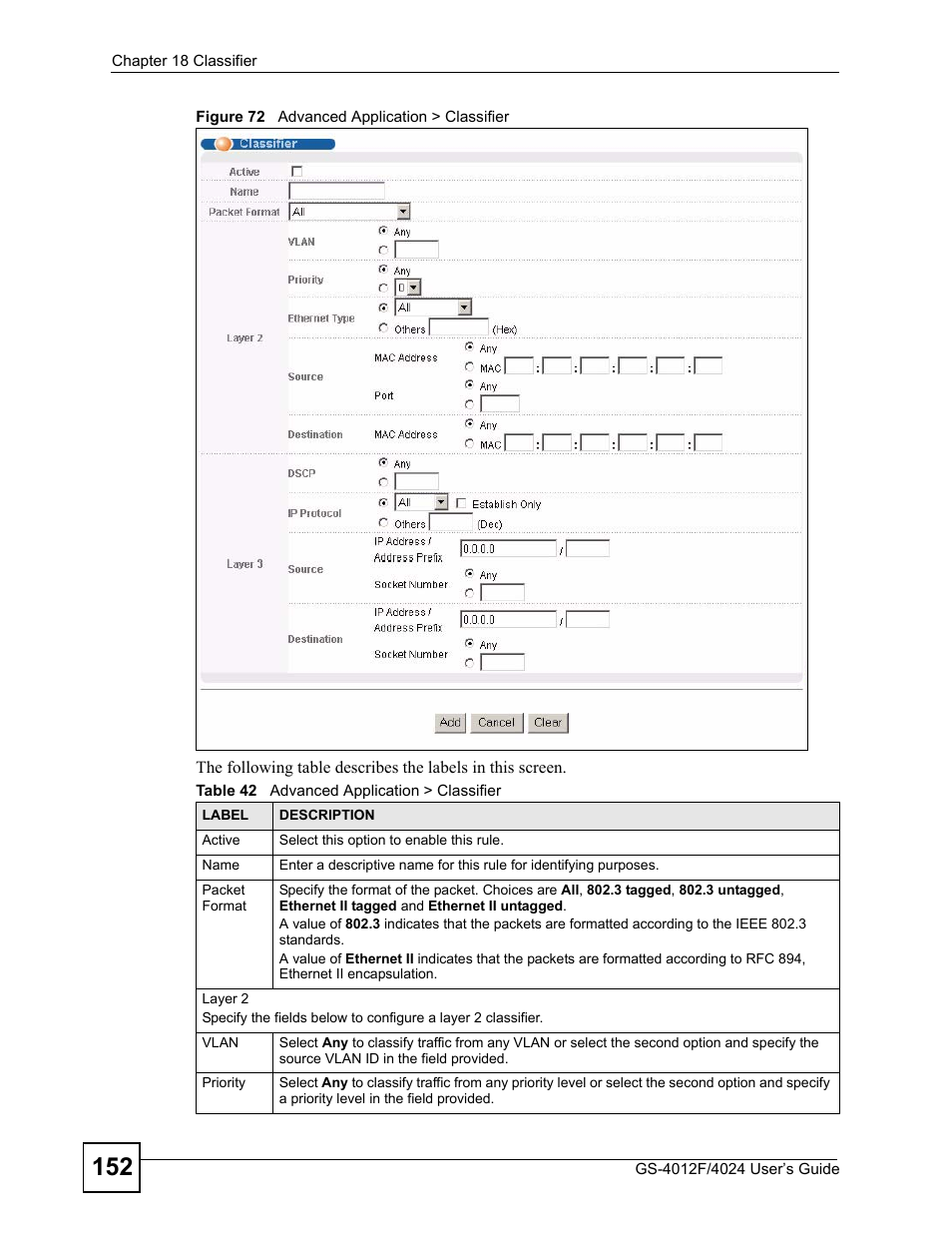 Figure 72 advanced application > classifier, Table 42 advanced application > classifier | ZyXEL Communications GS-4012 User Manual | Page 152 / 462