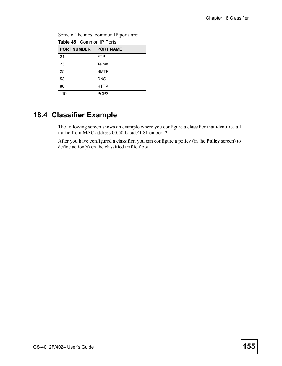 4 classifier example, Table 45 common ip ports | ZyXEL Communications GS-4012 User Manual | Page 155 / 462