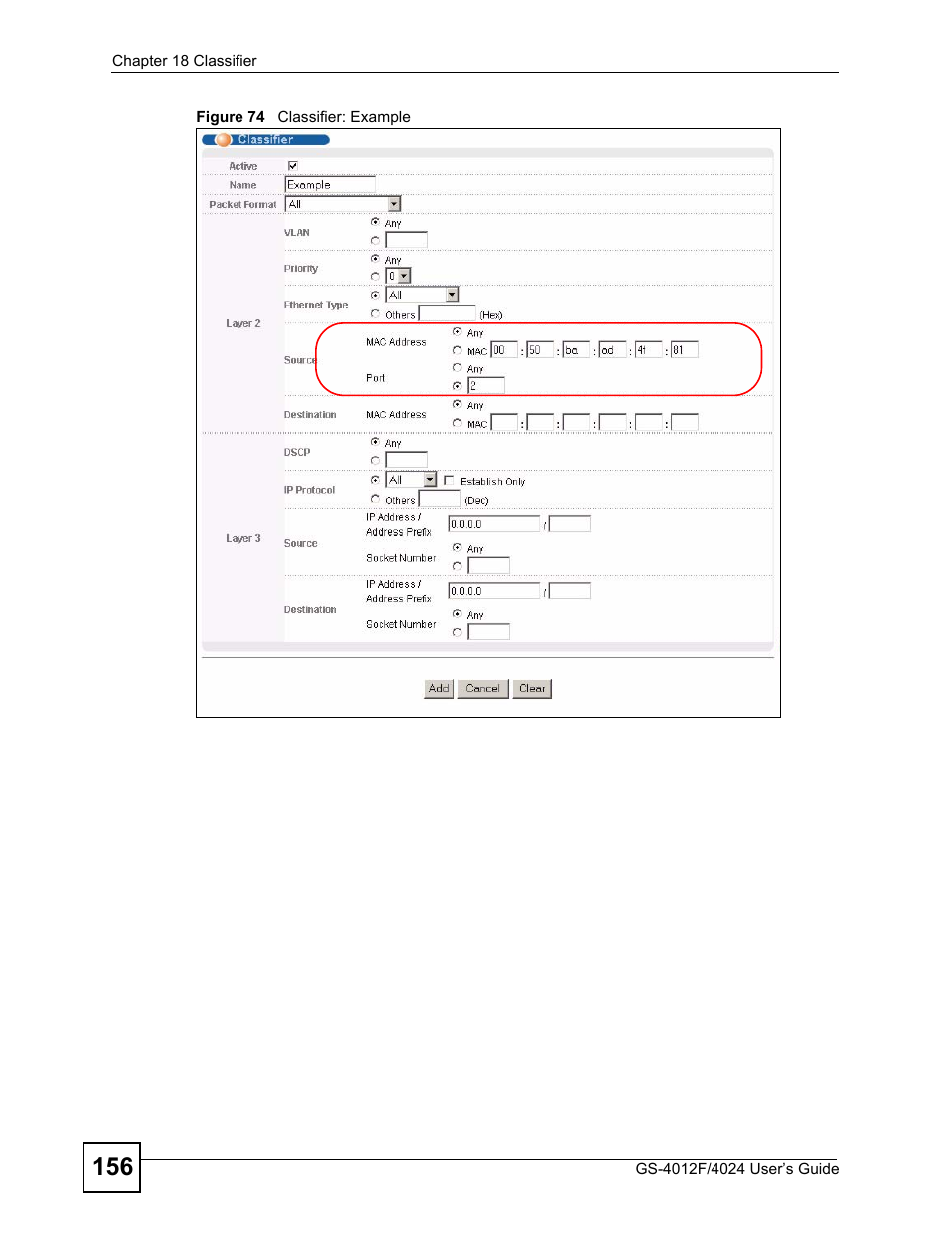 Figure 74 classifier: example | ZyXEL Communications GS-4012 User Manual | Page 156 / 462