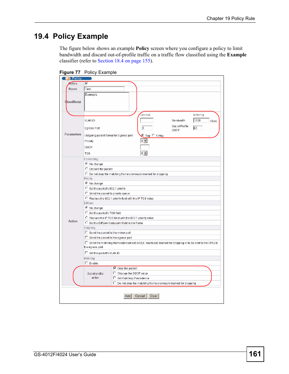 4 policy example, Figure 77 policy example | ZyXEL Communications GS-4012 User Manual | Page 161 / 462