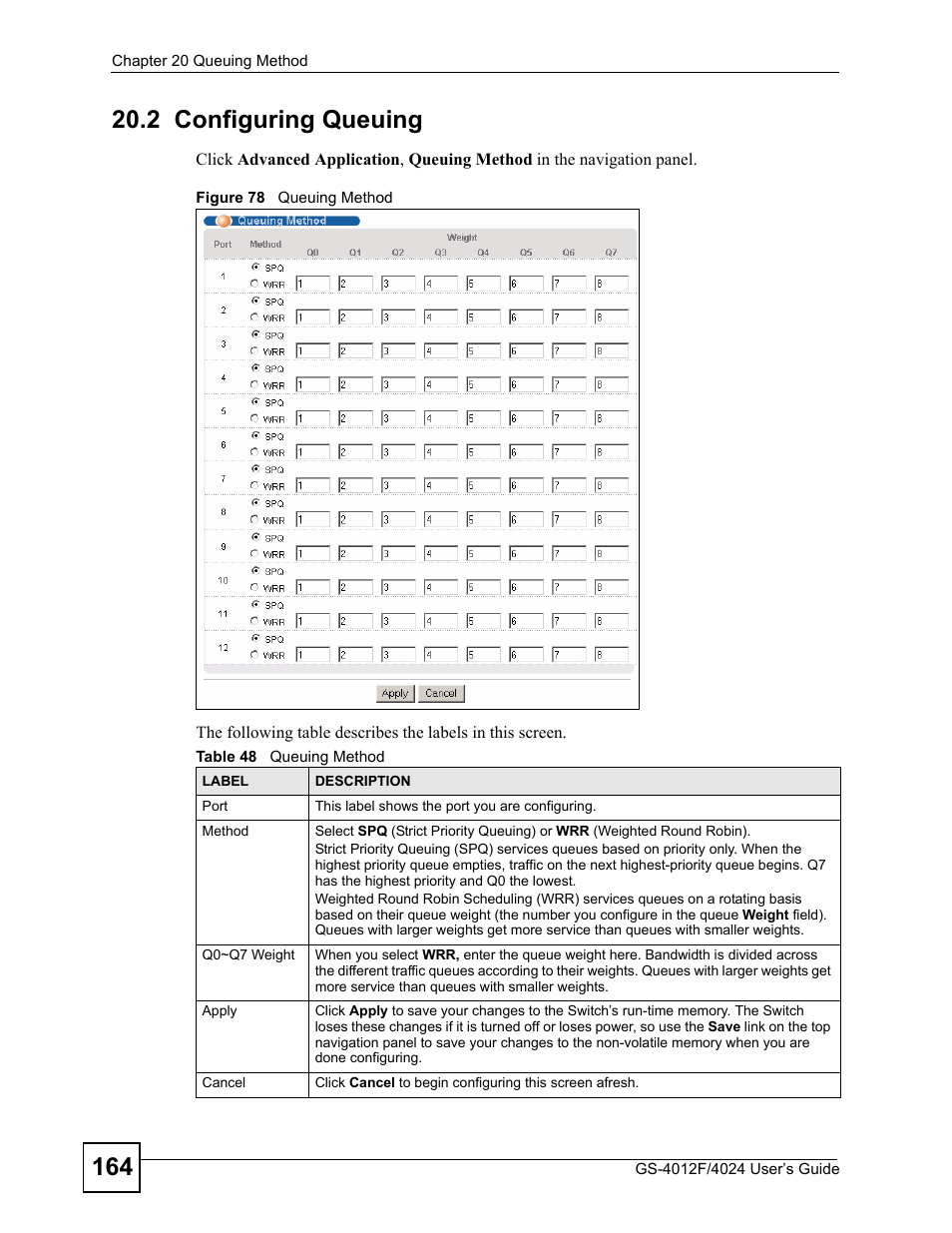 2 configuring queuing, Figure 78 queuing method, Table 48 queuing method | ZyXEL Communications GS-4012 User Manual | Page 164 / 462