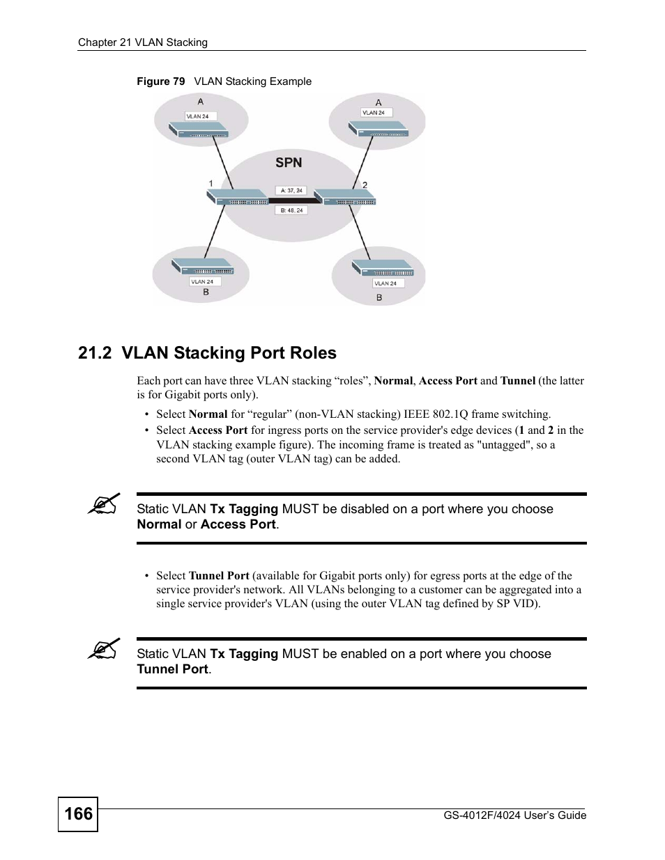 2 vlan stacking port roles, Figure 79 vlan stacking example | ZyXEL Communications GS-4012 User Manual | Page 166 / 462
