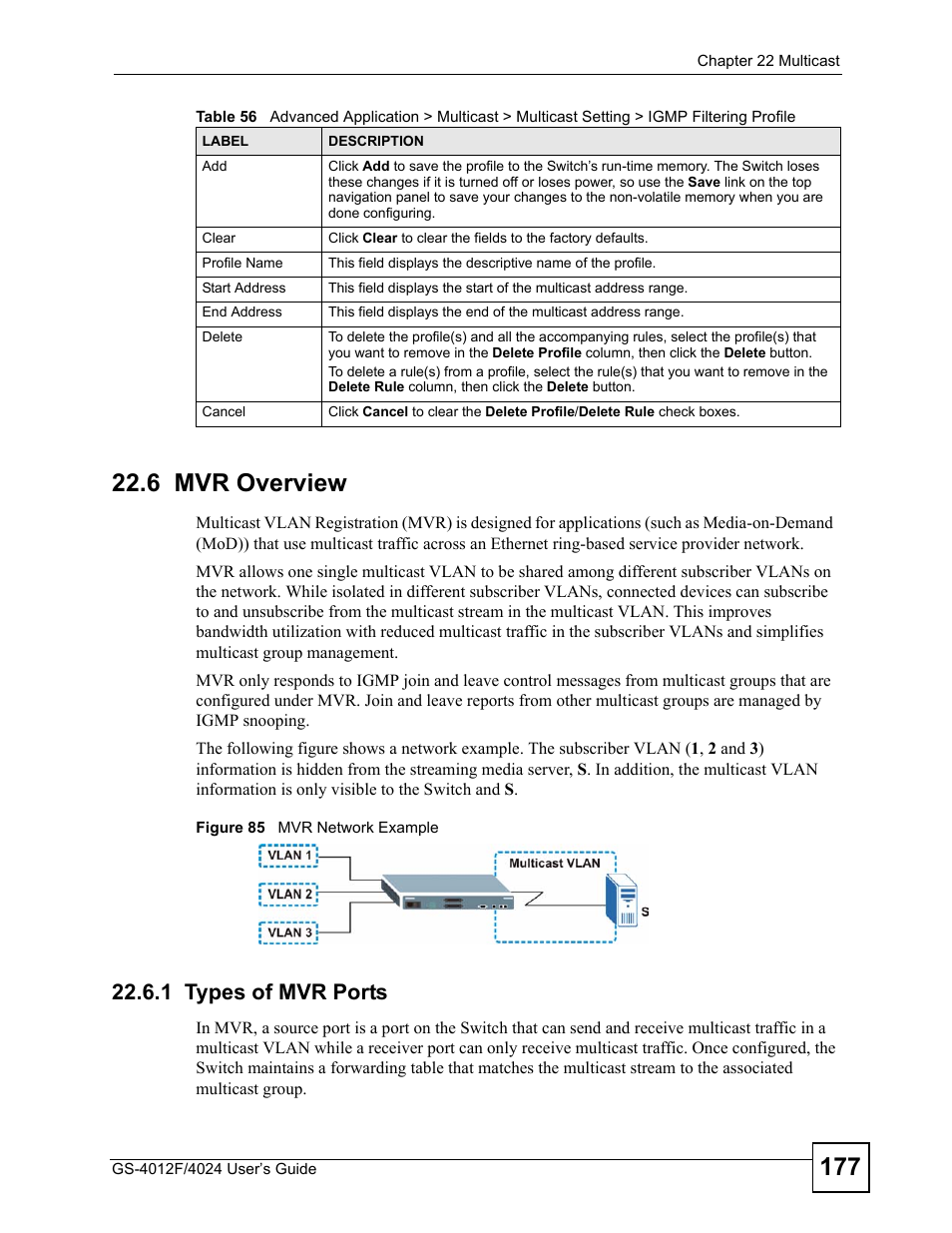 6 mvr overview, 1 types of mvr ports, Figure 85 mvr network example | ZyXEL Communications GS-4012 User Manual | Page 177 / 462