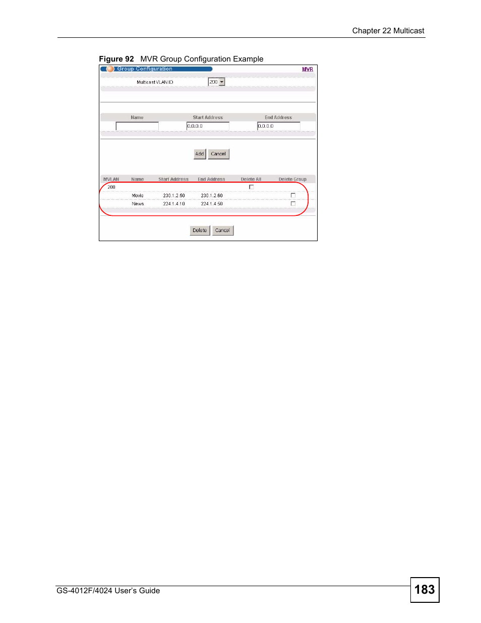 Figure 92 mvr group configuration example | ZyXEL Communications GS-4012 User Manual | Page 183 / 462