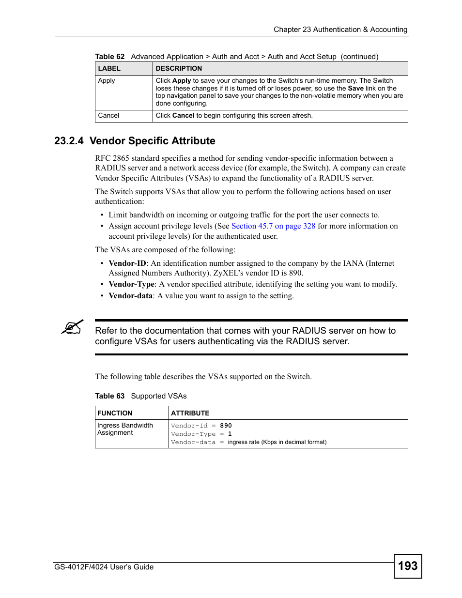 4 vendor specific attribute, Table 63 supported vsas | ZyXEL Communications GS-4012 User Manual | Page 193 / 462