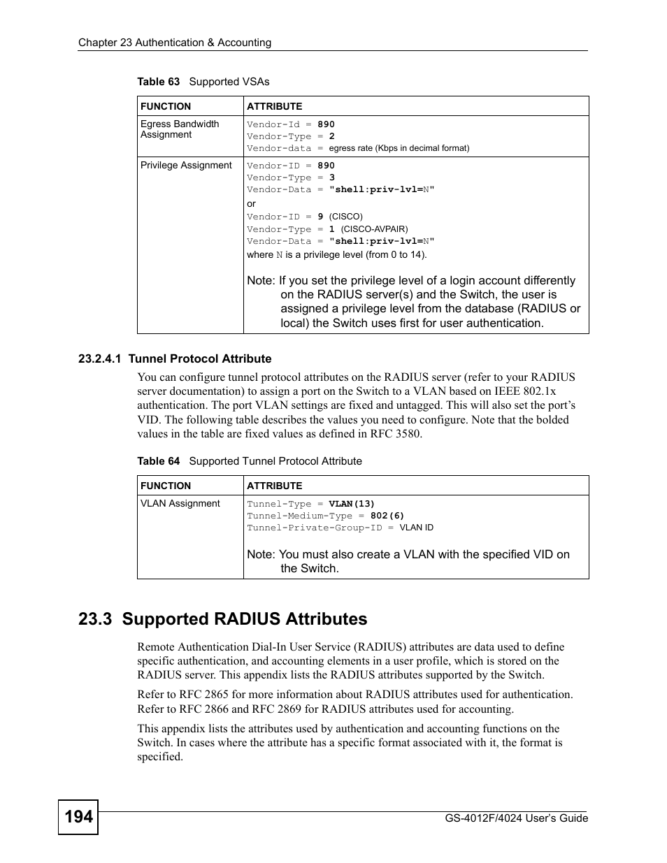 3 supported radius attributes, Table 64 supported tunnel protocol attribute | ZyXEL Communications GS-4012 User Manual | Page 194 / 462
