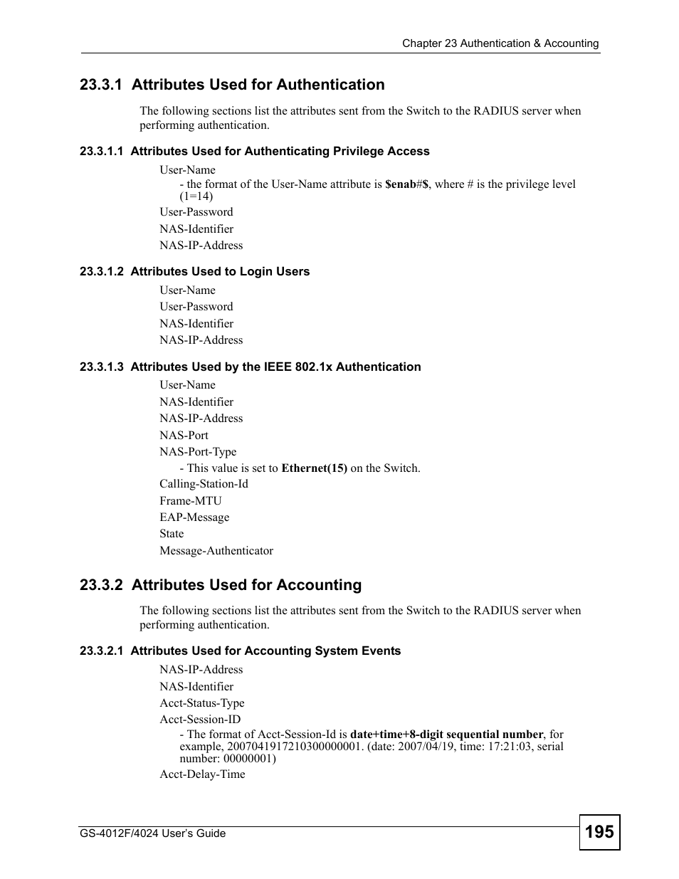1 attributes used for authentication, 2 attributes used for accounting | ZyXEL Communications GS-4012 User Manual | Page 195 / 462