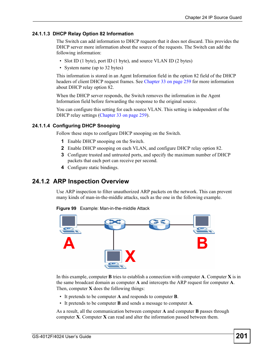 2 arp inspection overview, Figure 99 example: man-in-the-middle attack, Ax b | ZyXEL Communications GS-4012 User Manual | Page 201 / 462