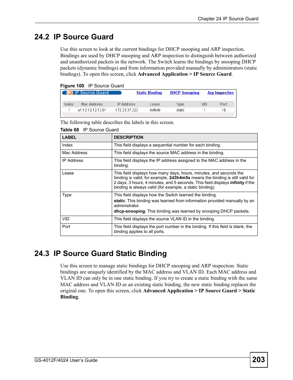 2 ip source guard, 3 ip source guard static binding, Figure 100 ip source guard | Table 68 ip source guard | ZyXEL Communications GS-4012 User Manual | Page 203 / 462