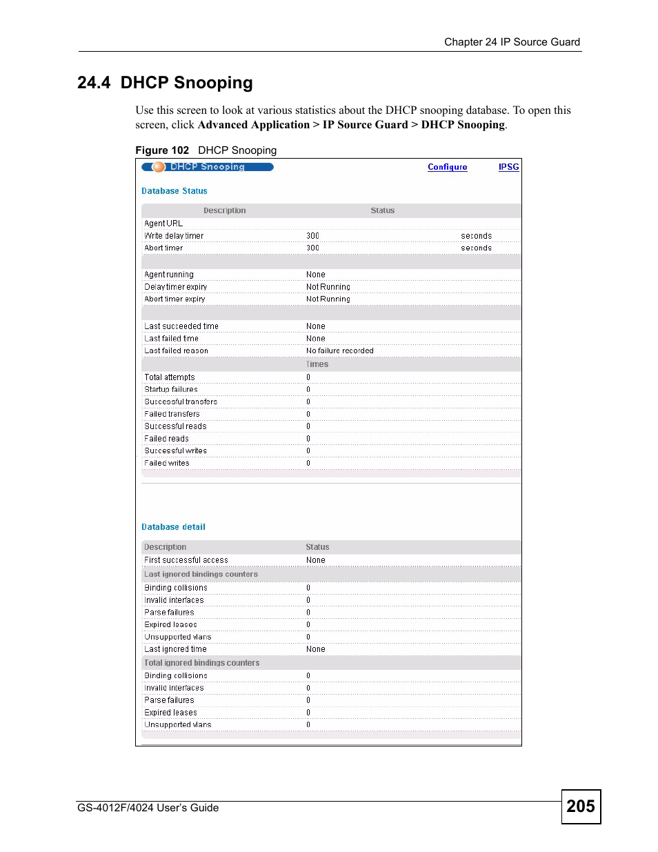 4 dhcp snooping, Figure 102 dhcp snooping | ZyXEL Communications GS-4012 User Manual | Page 205 / 462