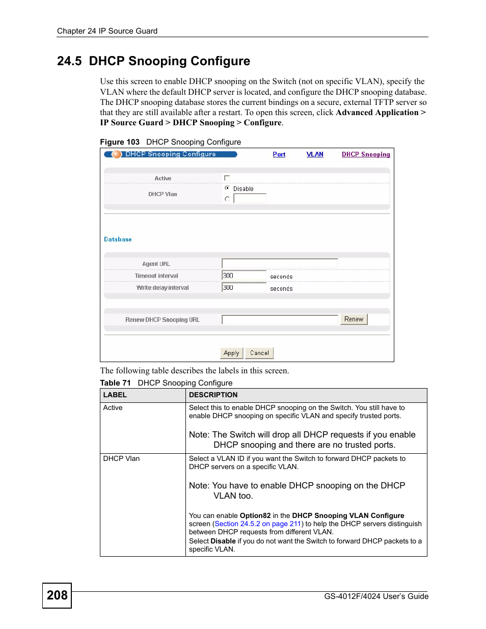 5 dhcp snooping configure, Figure 103 dhcp snooping configure, Table 71 dhcp snooping configure | ZyXEL Communications GS-4012 User Manual | Page 208 / 462