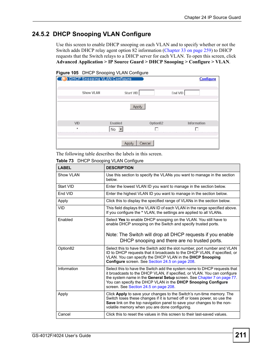2 dhcp snooping vlan configure, Figure 105 dhcp snooping vlan configure, Table 73 dhcp snooping vlan configure | ZyXEL Communications GS-4012 User Manual | Page 211 / 462