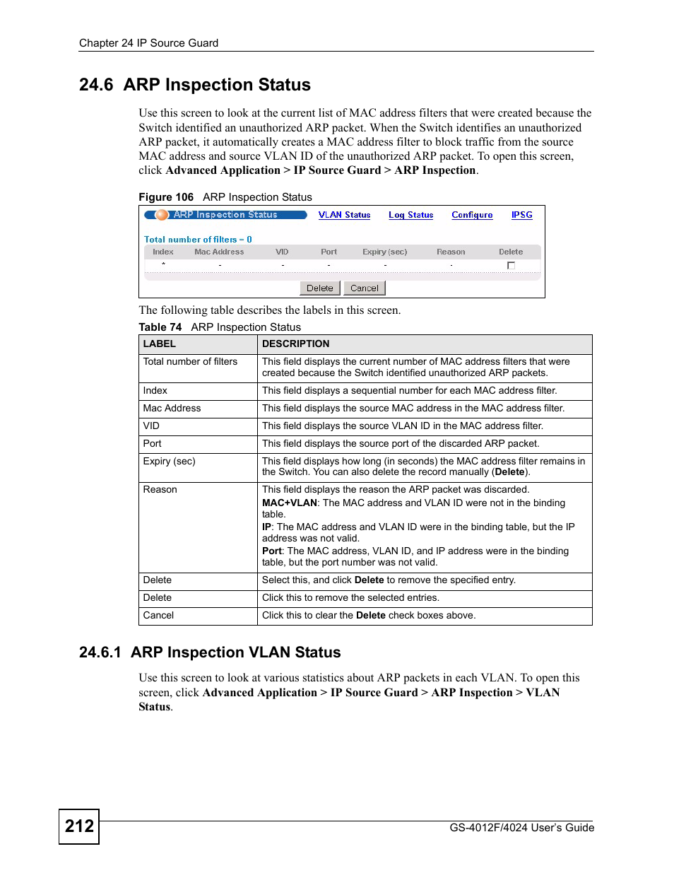 6 arp inspection status, 1 arp inspection vlan status, Figure 106 arp inspection status | Table 74 arp inspection status | ZyXEL Communications GS-4012 User Manual | Page 212 / 462