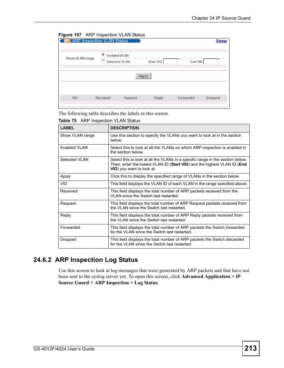 2 arp inspection log status, Figure 107 arp inspection vlan status, Table 75 arp inspection vlan status | ZyXEL Communications GS-4012 User Manual | Page 213 / 462