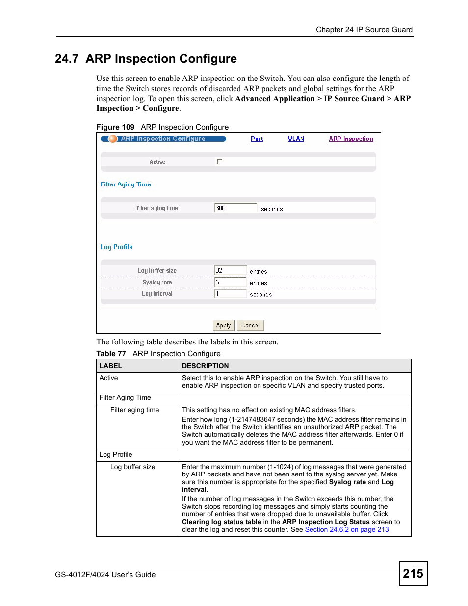 7 arp inspection configure, Figure 109 arp inspection configure, Table 77 arp inspection configure | ZyXEL Communications GS-4012 User Manual | Page 215 / 462