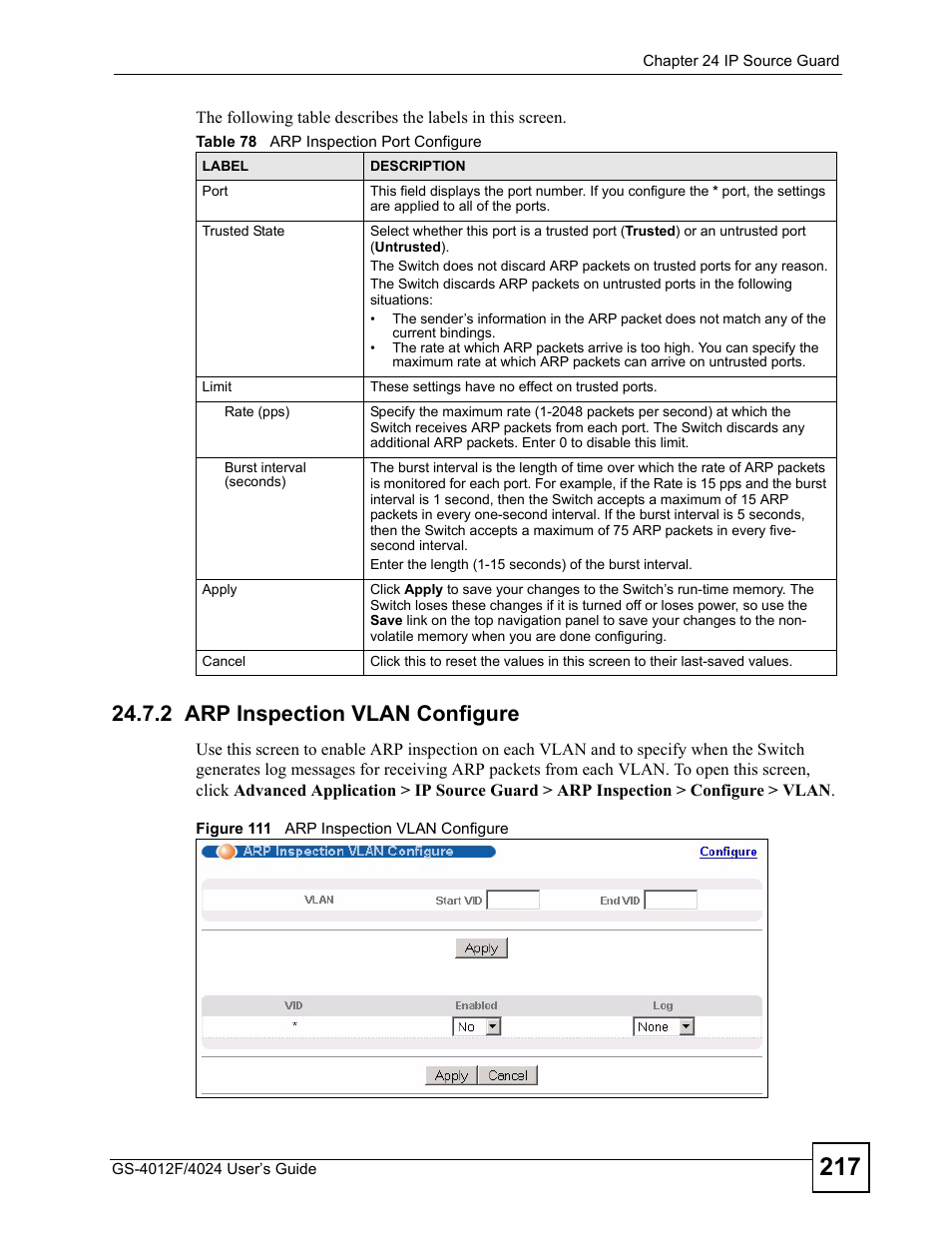 2 arp inspection vlan configure, Figure 111 arp inspection vlan configure, Table 78 arp inspection port configure | Section 24.7.2 | ZyXEL Communications GS-4012 User Manual | Page 217 / 462