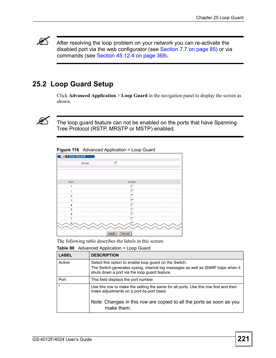 2 loop guard setup, Figure 116 advanced application > loop guard, Table 80 advanced application > loop guard | ZyXEL Communications GS-4012 User Manual | Page 221 / 462