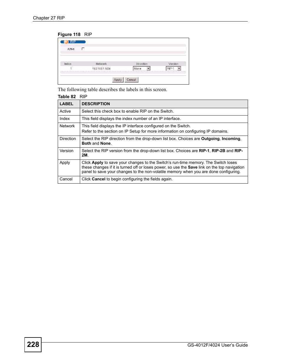 Figure 118 rip, Table 82 rip | ZyXEL Communications GS-4012 User Manual | Page 228 / 462