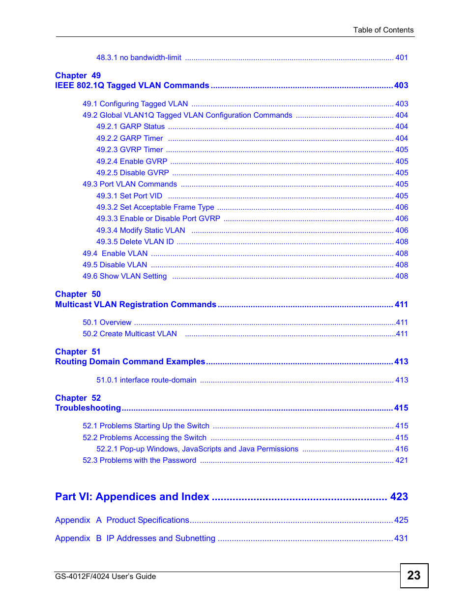 Part vi: appendices and index | ZyXEL Communications GS-4012 User Manual | Page 23 / 462