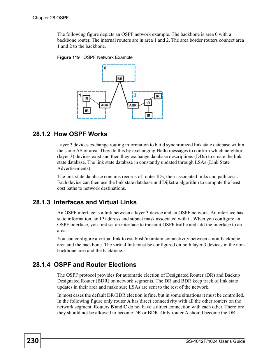 2 how ospf works, 3 interfaces and virtual links, 4 ospf and router elections | Figure 119 ospf network example | ZyXEL Communications GS-4012 User Manual | Page 230 / 462