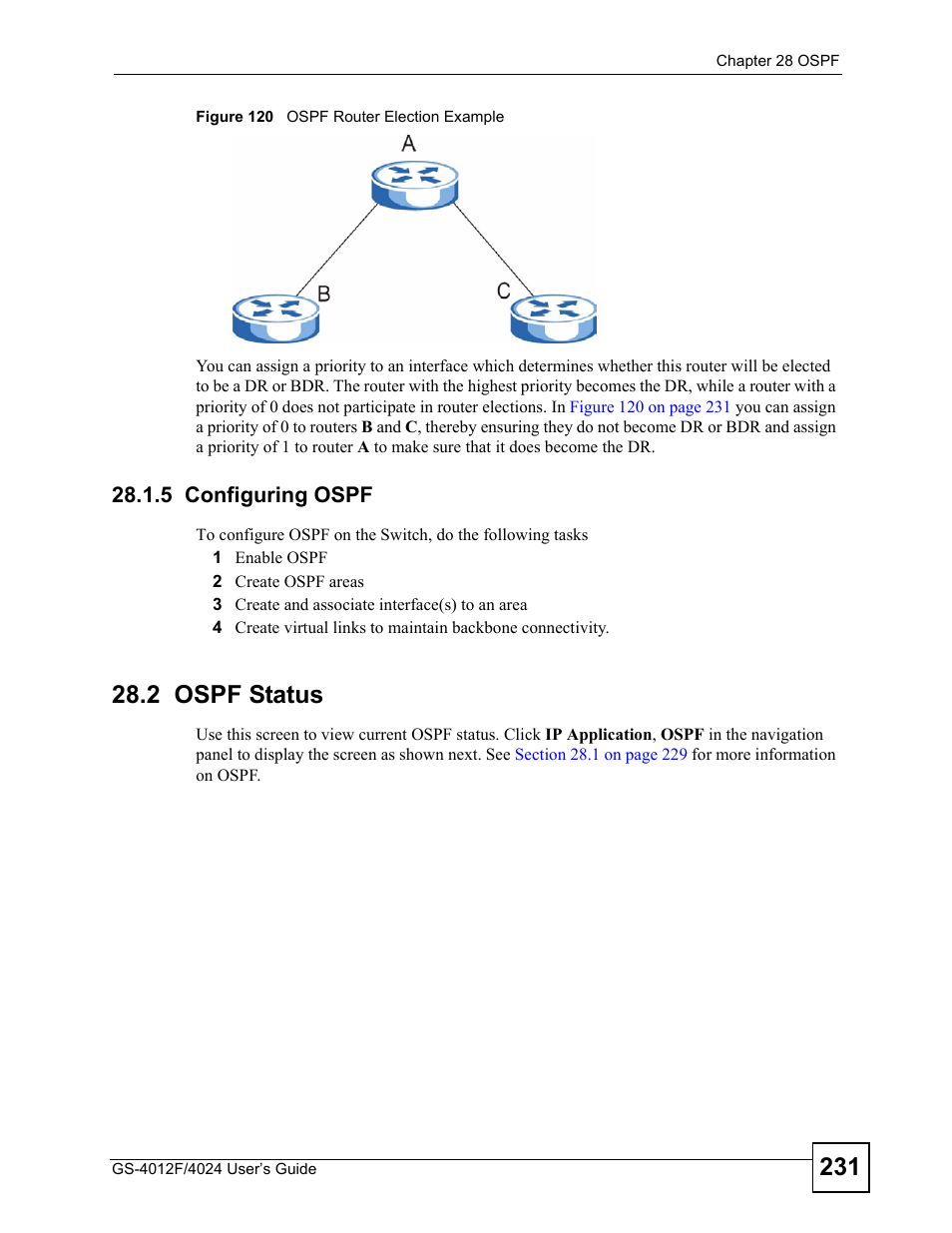 5 configuring ospf, 2 ospf status, Figure 120 ospf router election example | ZyXEL Communications GS-4012 User Manual | Page 231 / 462