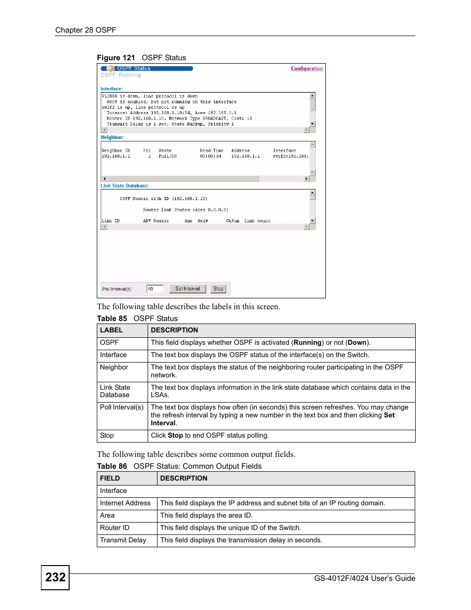 Figure 121 ospf status | ZyXEL Communications GS-4012 User Manual | Page 232 / 462