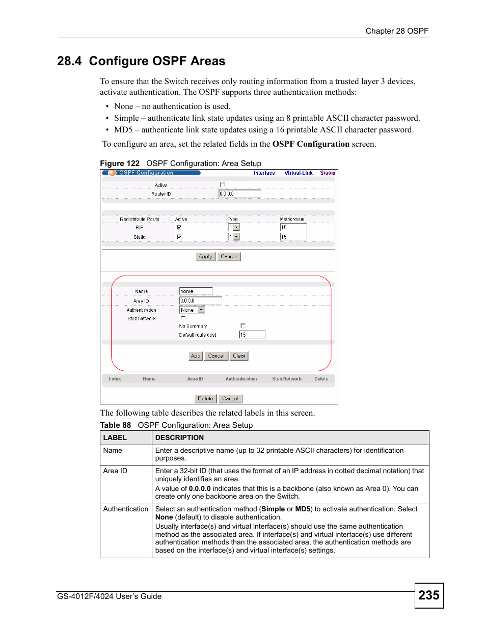 4 configure ospf areas, Figure 122 ospf configuration: area setup, Table 88 ospf configuration: area setup | ZyXEL Communications GS-4012 User Manual | Page 235 / 462