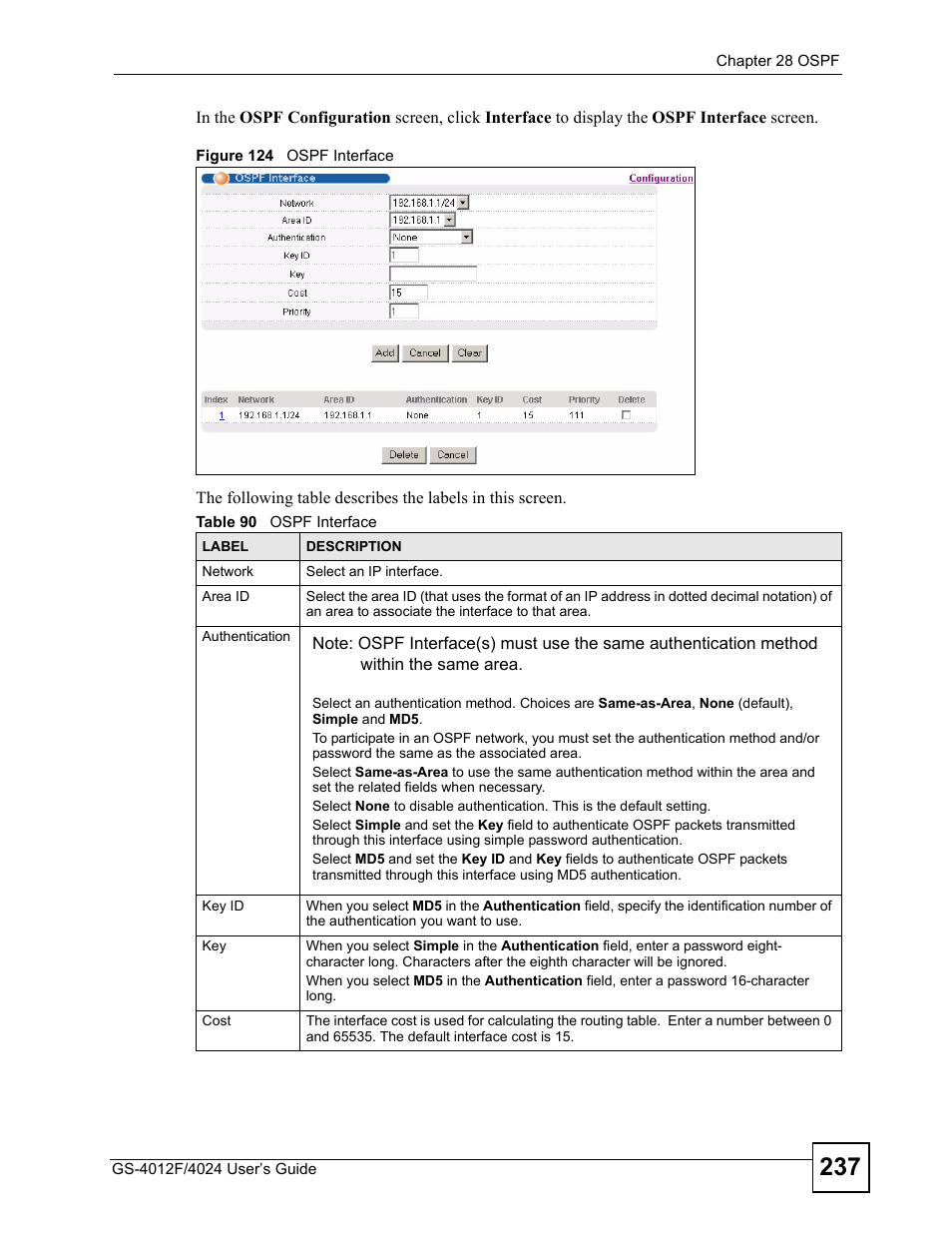 Figure 124 ospf interface, Table 90 ospf interface | ZyXEL Communications GS-4012 User Manual | Page 237 / 462