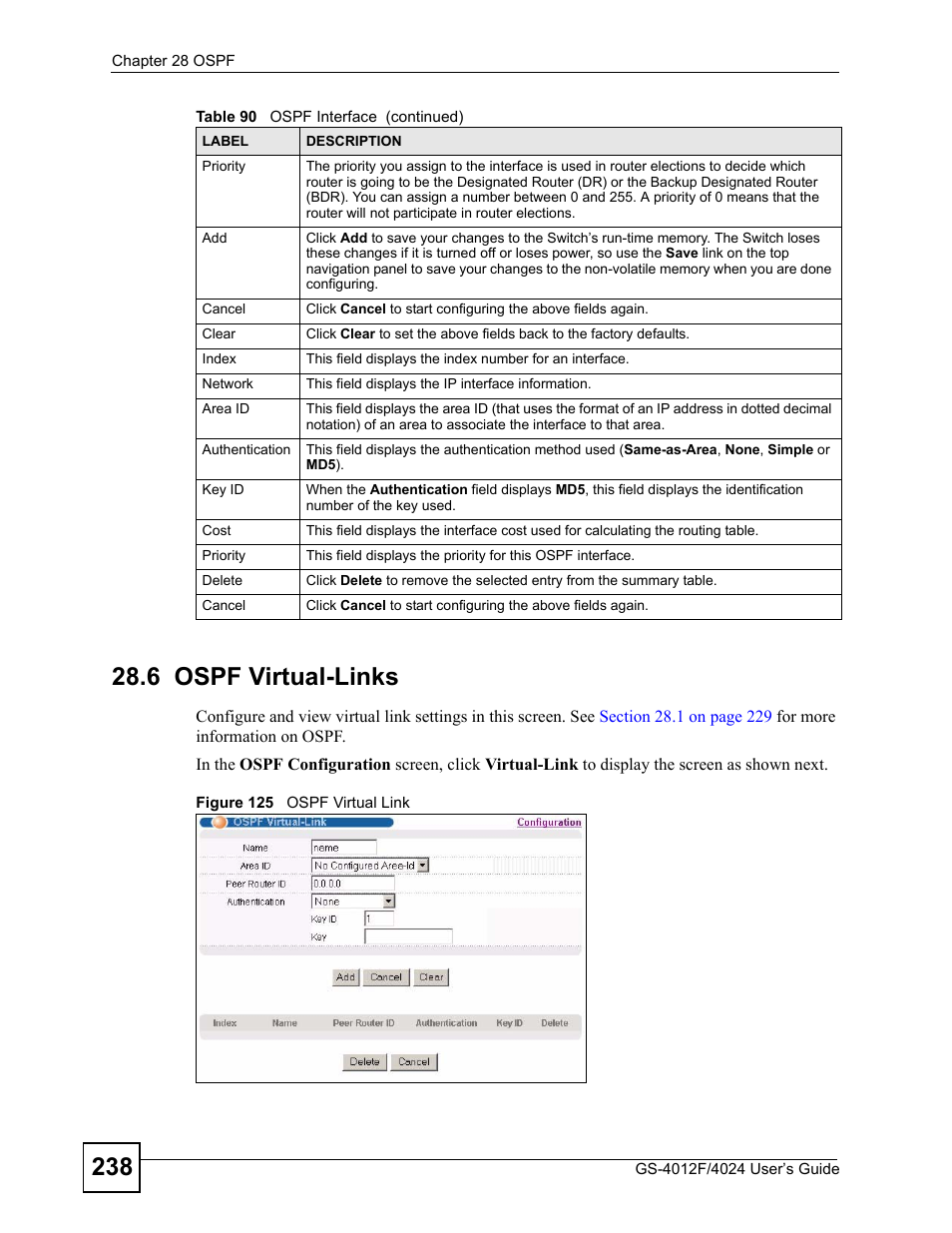 6 ospf virtual-links, Figure 125 ospf virtual link | ZyXEL Communications GS-4012 User Manual | Page 238 / 462