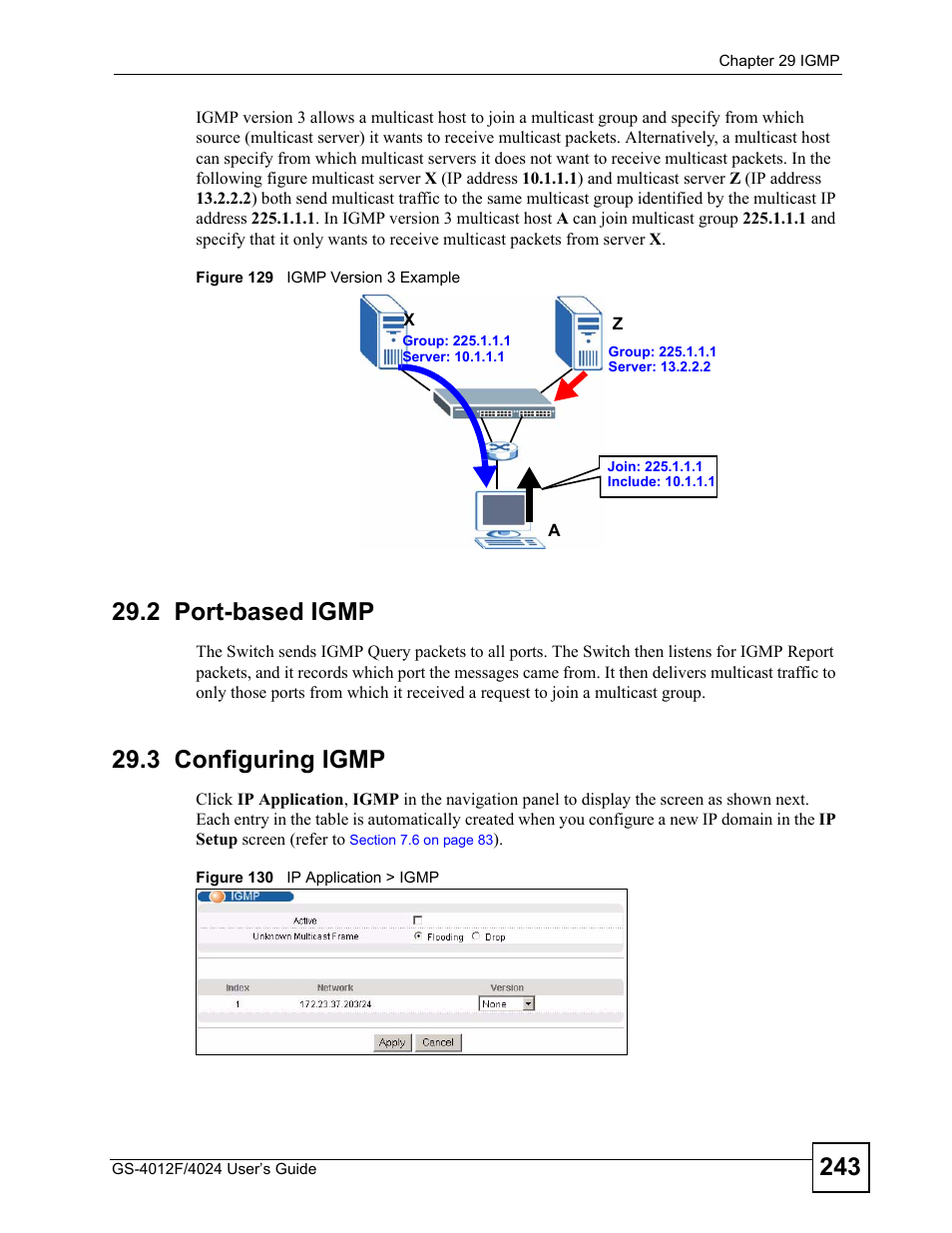 2 port-based igmp, 3 configuring igmp, 2 port-based igmp 29.3 configuring igmp | ZyXEL Communications GS-4012 User Manual | Page 243 / 462