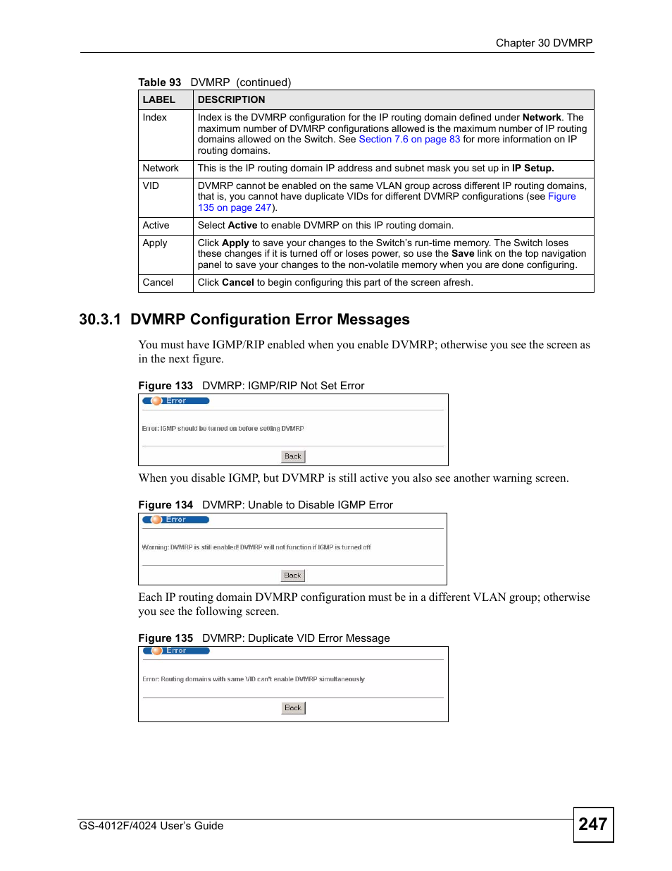1 dvmrp configuration error messages | ZyXEL Communications GS-4012 User Manual | Page 247 / 462