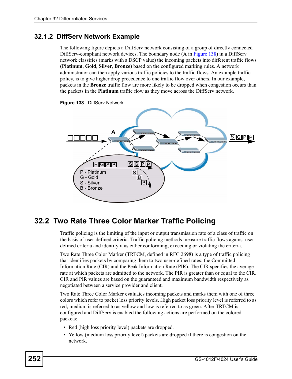 2 diffserv network example, 2 two rate three color marker traffic policing, Figure 138 diffserv network | ZyXEL Communications GS-4012 User Manual | Page 252 / 462