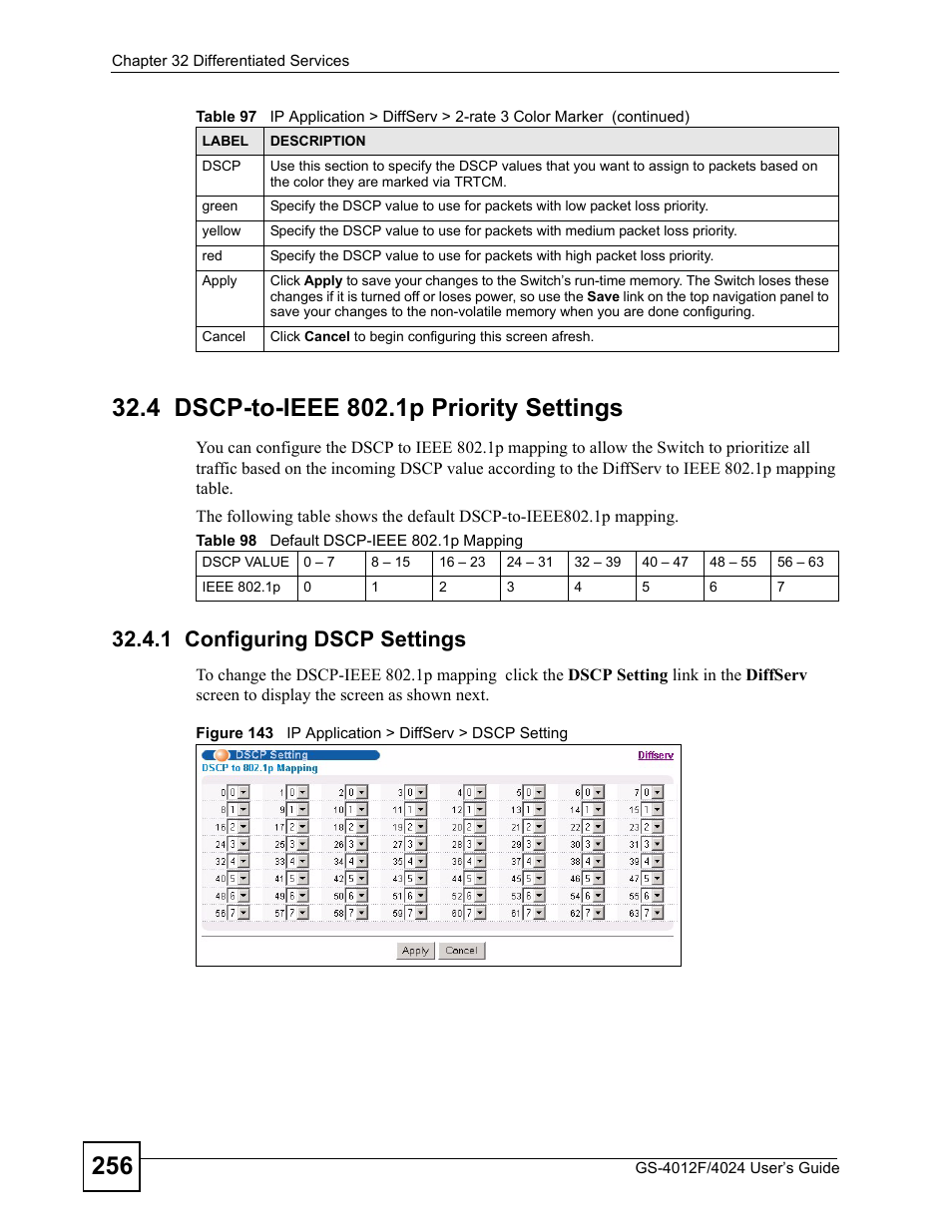 4 dscp-to-ieee 802.1p priority settings, 1 configuring dscp settings, Table 98 default dscp-ieee 802.1p mapping | ZyXEL Communications GS-4012 User Manual | Page 256 / 462