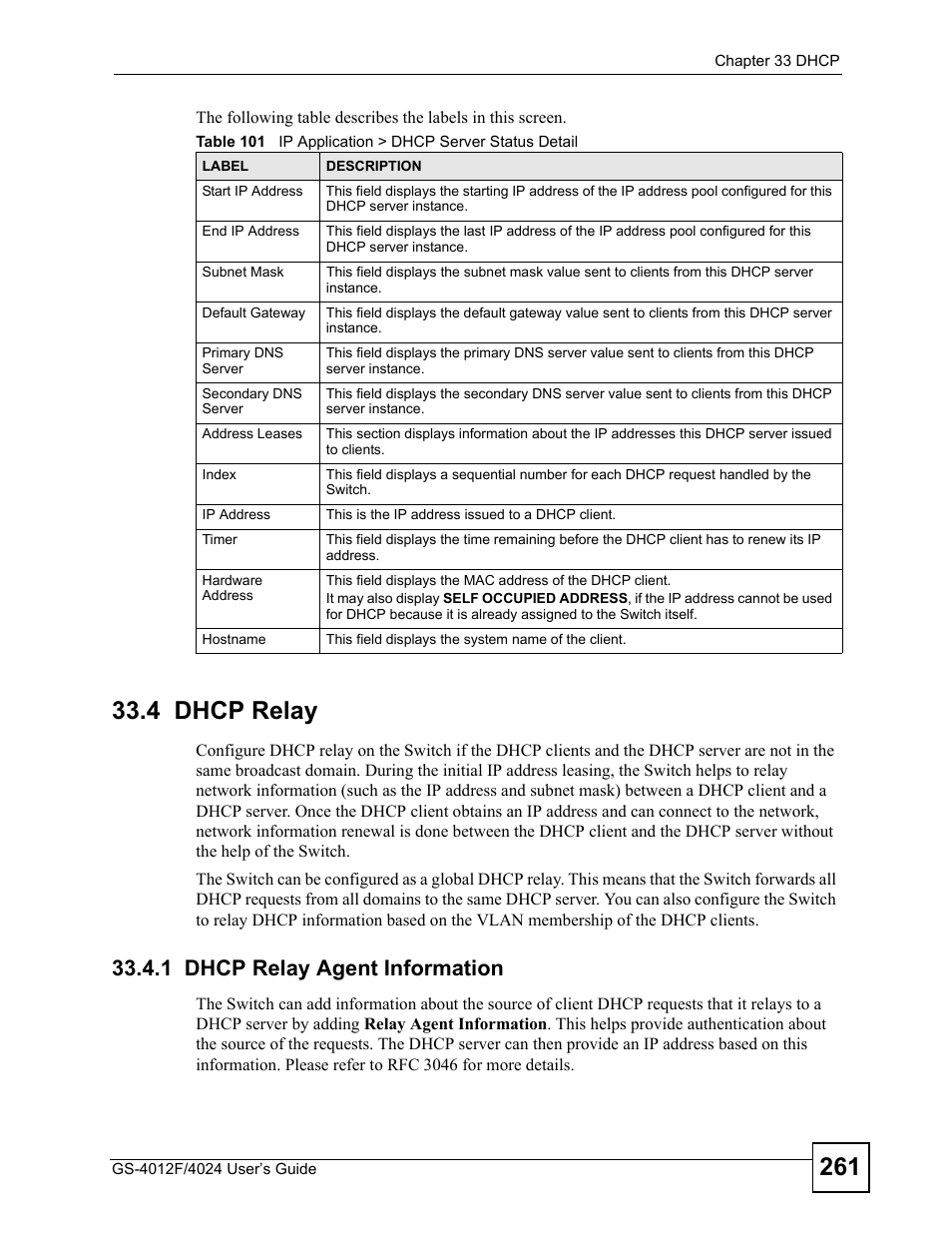 4 dhcp relay, 1 dhcp relay agent information | ZyXEL Communications GS-4012 User Manual | Page 261 / 462