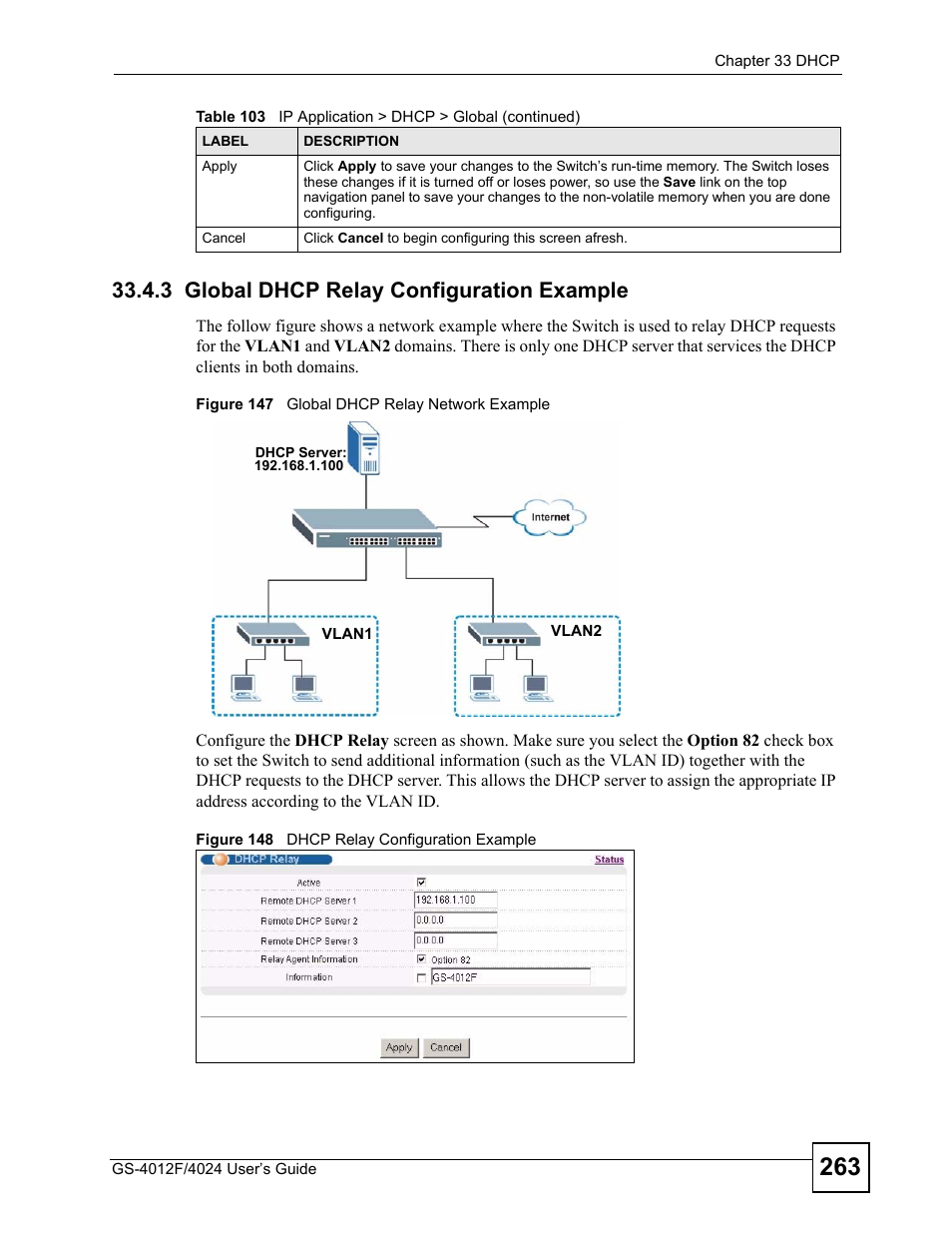 3 global dhcp relay configuration example | ZyXEL Communications GS-4012 User Manual | Page 263 / 462