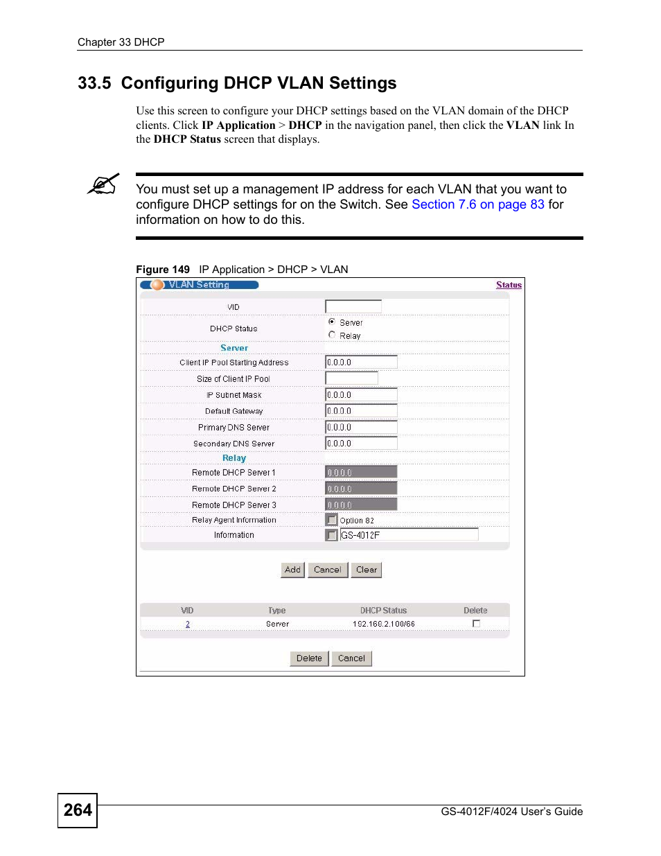 5 configuring dhcp vlan settings, Figure 149 ip application > dhcp > vlan | ZyXEL Communications GS-4012 User Manual | Page 264 / 462