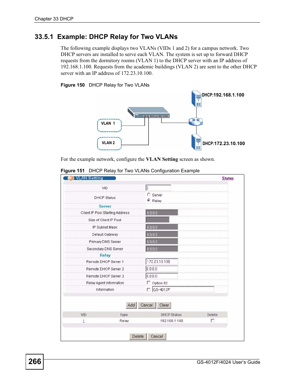 1 example: dhcp relay for two vlans | ZyXEL Communications GS-4012 User Manual | Page 266 / 462