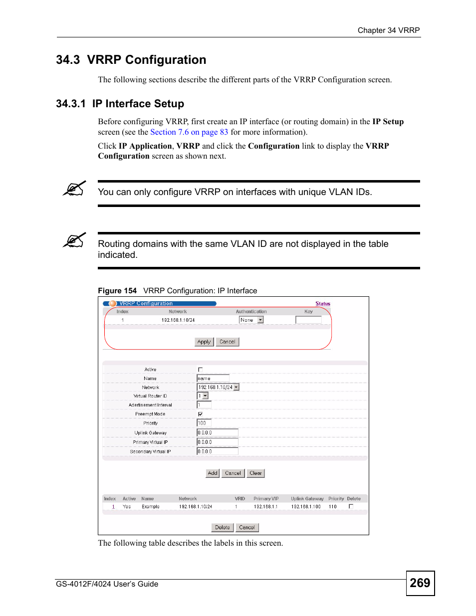 3 vrrp configuration, 1 ip interface setup, Figure 154 vrrp configuration: ip interface | ZyXEL Communications GS-4012 User Manual | Page 269 / 462
