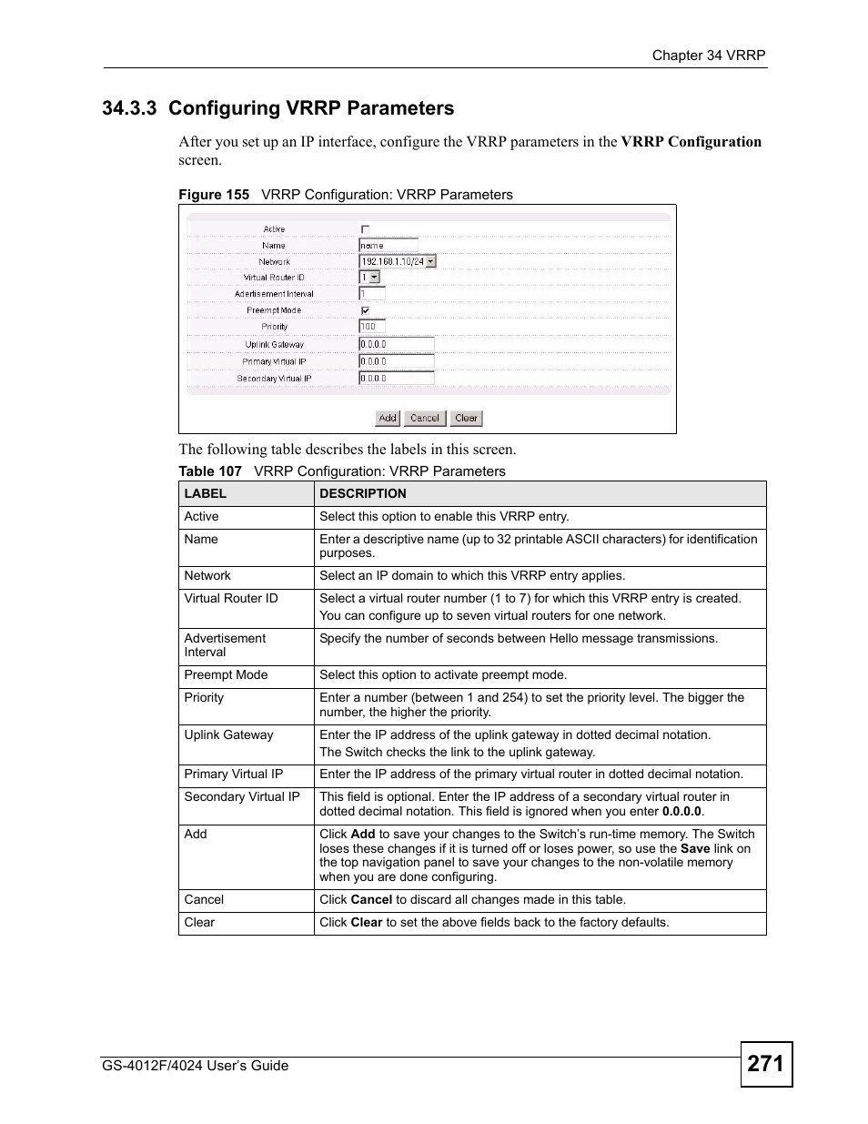 3 configuring vrrp parameters, Figure 155 vrrp configuration: vrrp parameters, Table 107 vrrp configuration: vrrp parameters | ZyXEL Communications GS-4012 User Manual | Page 271 / 462