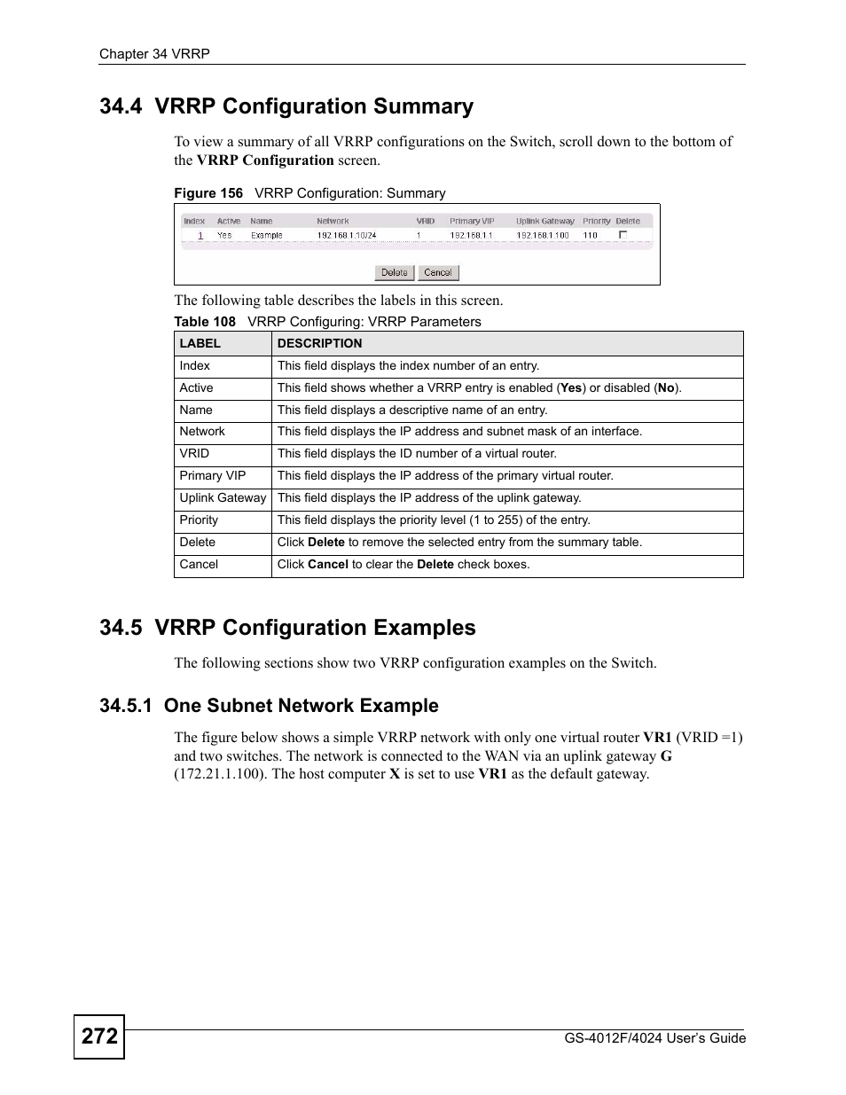 4 vrrp configuration summary, 5 vrrp configuration examples, 1 one subnet network example | Figure 156 vrrp configuration: summary, Table 108 vrrp configuring: vrrp parameters | ZyXEL Communications GS-4012 User Manual | Page 272 / 462